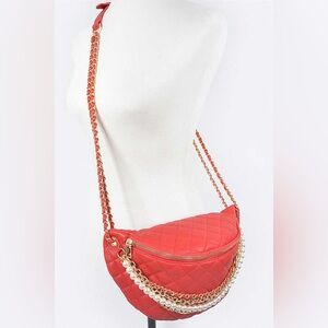 Red Vegan Leather Chain & Pearls Crossbody Bag